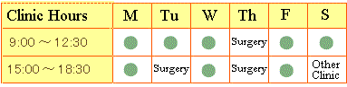Clinic hours are Mon, Tue, Wed, Fri 9am-12:30pm and 3pm-6pm.  Tuesday and Saturday 9am-12:30pm. Tuesday afternoon, Thursday morning, and Thursday afternoon, Dr. Yamamoto performs surgery at Komagome hospital. Saturday afternoon, Dr. Yamamoto sees patients at the Adachi-ku Clinic.